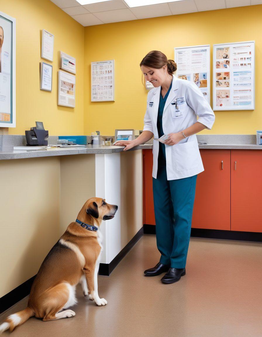 A caring veterinarian examining a cheerful pet in a modern veterinary clinic, with various medical equipment and pet care posters on the walls. Include diverse pets like dogs, cats, and rabbits in the waiting area, alongside an inviting reception desk. Highlight the warm connection between the vet and pet. super-realistic. vibrant colors.