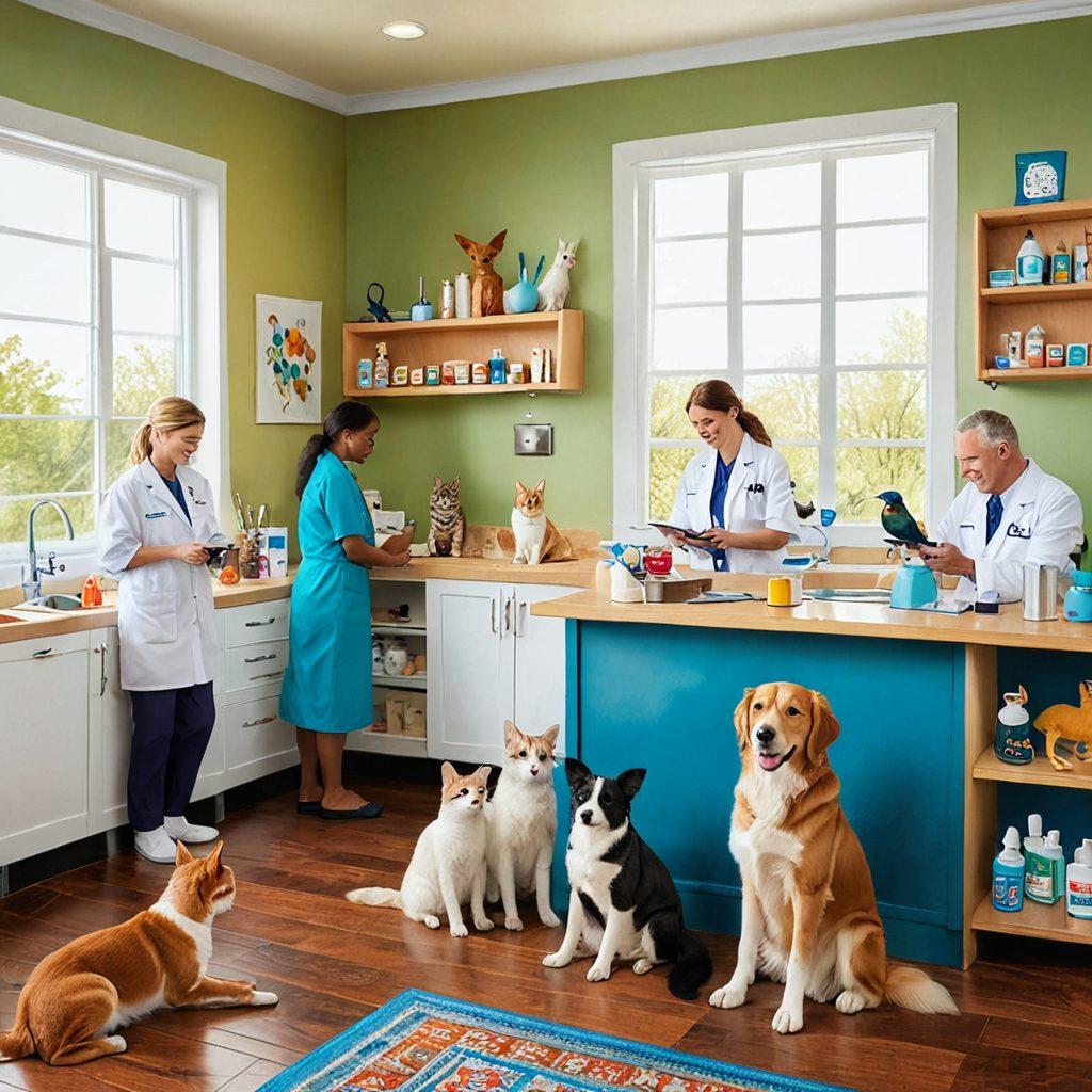 A vibrant and heartwarming scene of various pets including dogs, cats, birds, and rabbits being lovingly taken care of by compassionate veterinarians and happy pet owners, surrounded by medical tools and care products. Include a veterinary clinic in the background with cheerful colors and a welcoming atmosphere. Super-realistic. vibrant colors. sense of warmth and happiness.